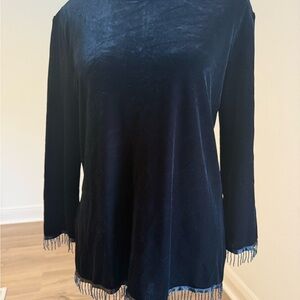 Ronni Nicole Black Velvet Long Sleeve Top with Beaded Fringe